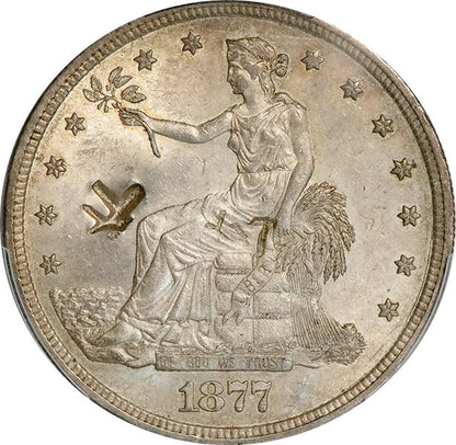(7085) 1877-S T$1 PCGS MS62 Chopmarked obverse
