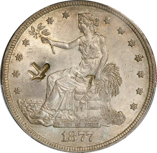 (7085) 1877-S T$1 PCGS MS62 Chopmarked obverse