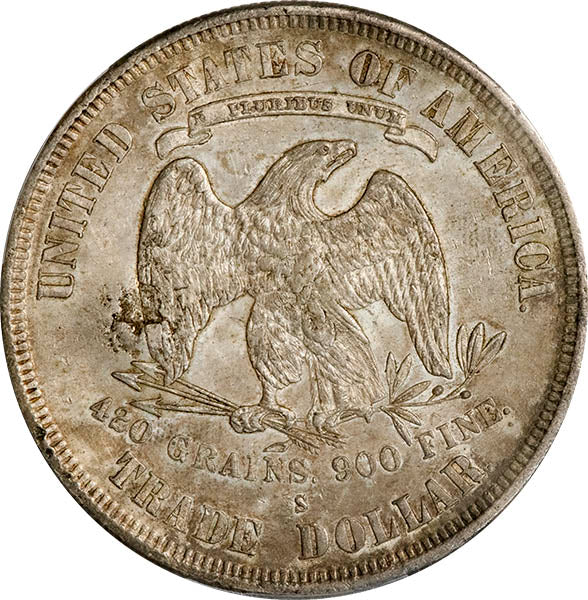 (7085) 1877-S T$1 PCGS MS62 Chopmarked reverse