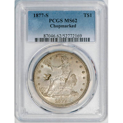 (7085) 1877-S T$1 PCGS MS62 Chopmarked slab