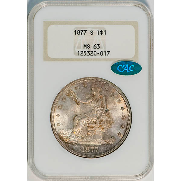 (7046) 1877-S T$1 NGC MS63 CAC Seated Trade Dollar slab