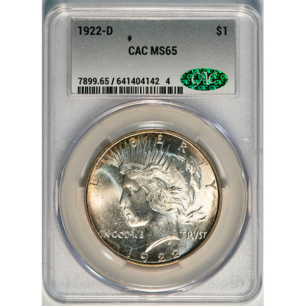 (7358) 1922-D $1 Peace Dollar CACG MS65 CAC