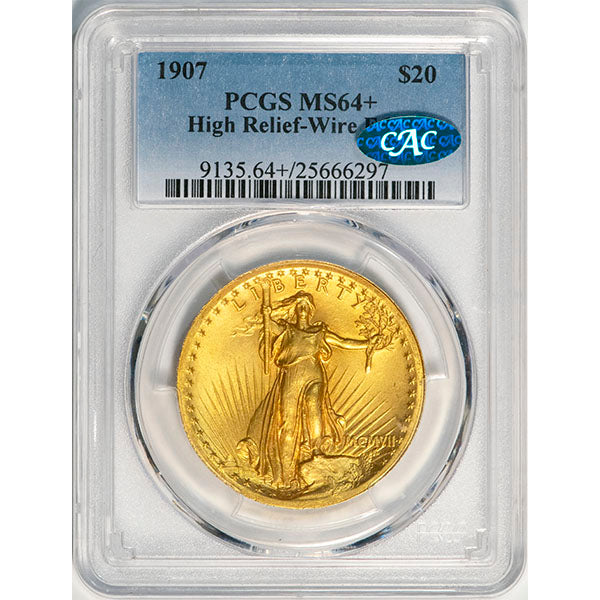 (9135) 1907 $20 High Relief - Wire Edge PCGS MS64+ CAC