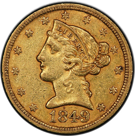 (8240) 1849 $5 PCGS AU53 CAC