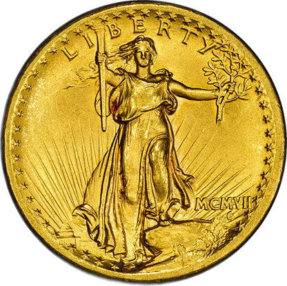 (9136) 1907 $20 PCGS MS64 High Relief, Flat Edge CAC
