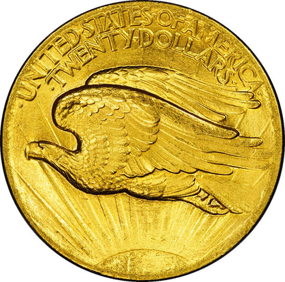 (9136) 1907 $20 PCGS MS64 High Relief, Flat Edge CAC