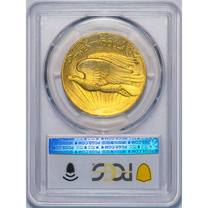 (9136) 1907 $20 PCGS MS64 High Relief, Flat Edge CAC